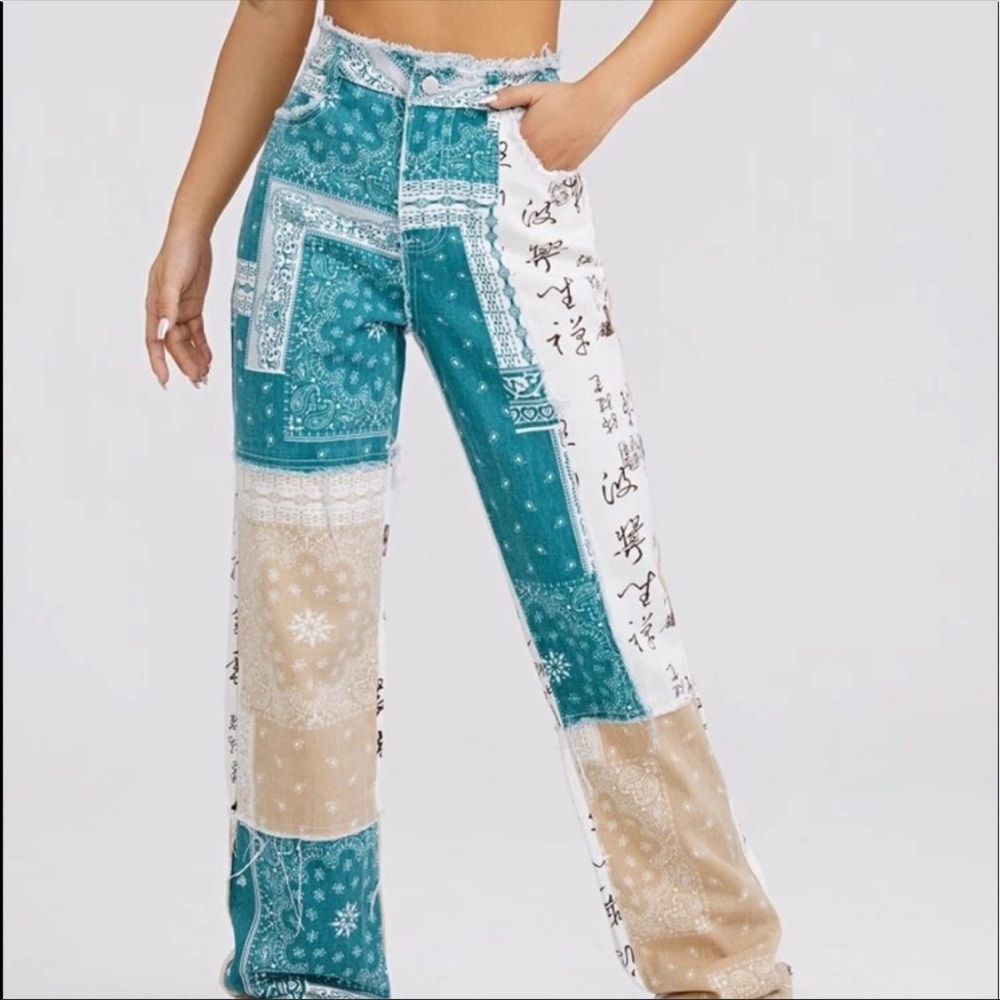 NWOT patchwork wide leg pants.